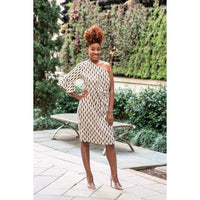 Off-White and Black One Shoulder Silk Print Dress