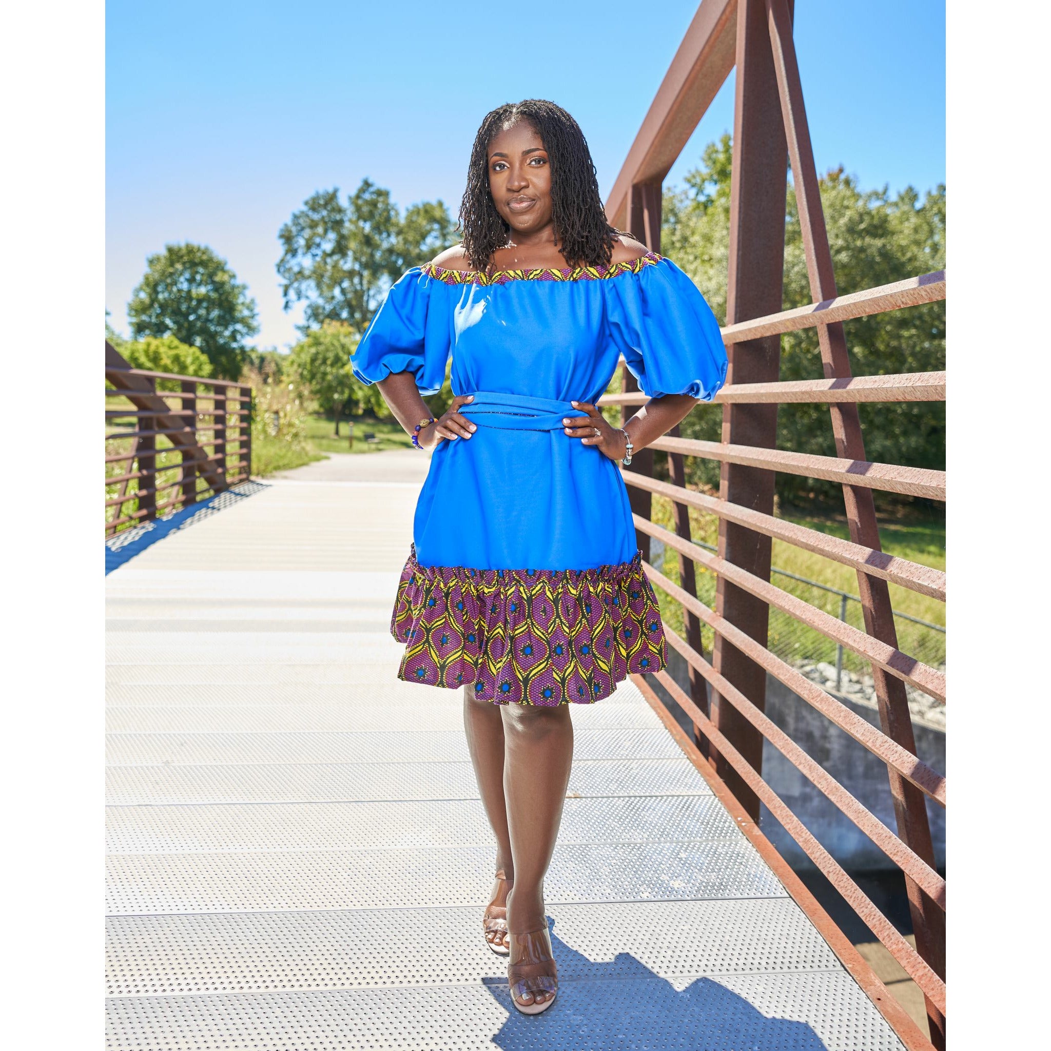 Grace puff sleeves crepe and print dress - S-L / Blue